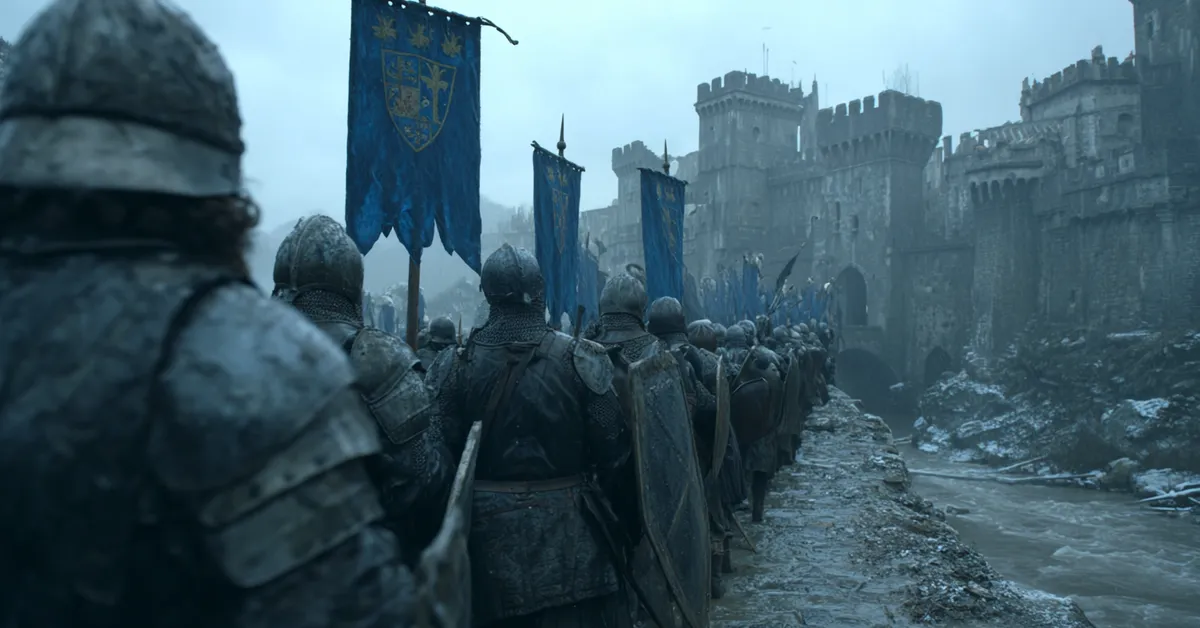 House Frey soldiers in mud-splattered mail guard the fortified stone bridge connecting the Twins over a churning river holding banners displaying two blue towers