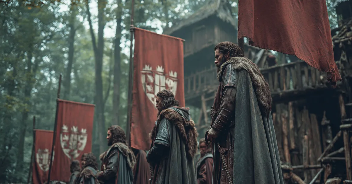 Soldiers in forest-green cloaks guard the wooden palisade of Deepwood Motte surrounded by dense ancient woods holding banners displaying a silver mailed fist on scarlet