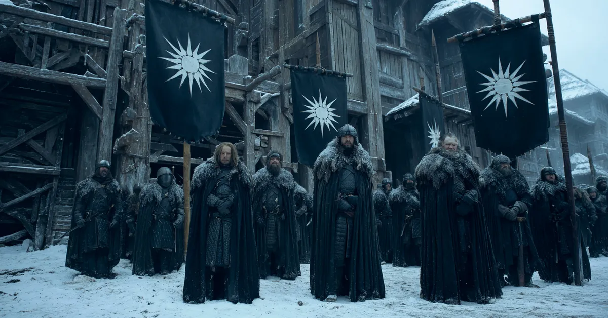 Grim soldiers in heavy black fur cloaks stand before the fortress of Karhold in a frozen forest holding stark banners showing a white sunburst on black