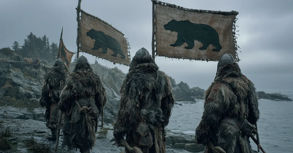 Rugged warriors clad in thick shaggy furs stand on the rocky pine-forested coastline of Bear Island holding rough banners depicting a black bear in a green wood