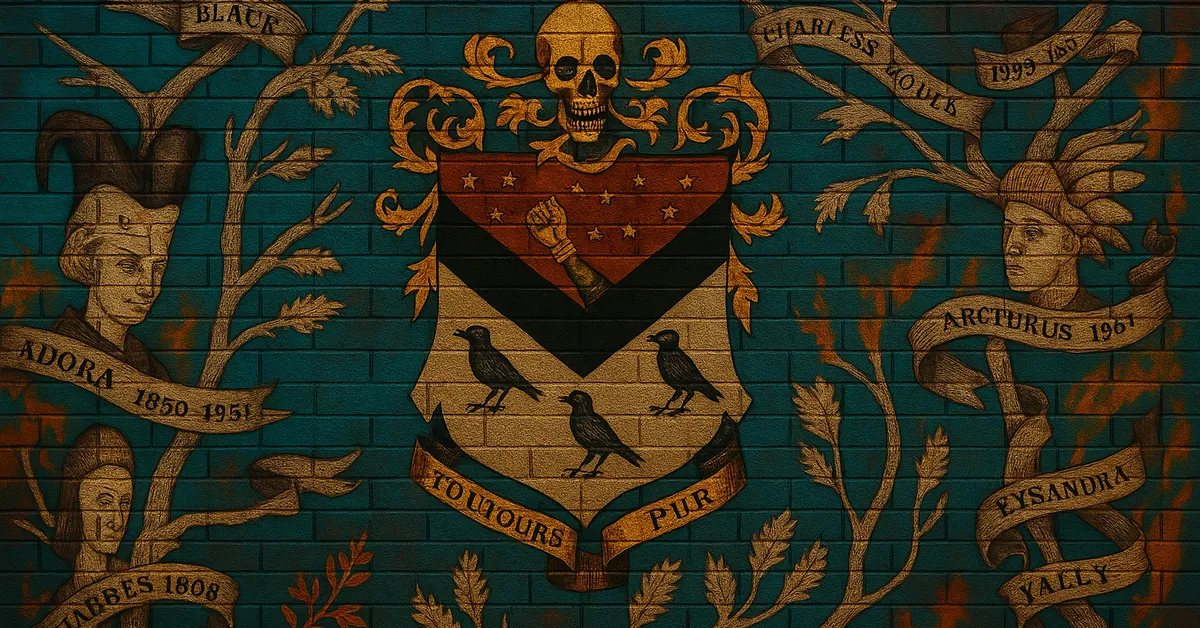 mural of the House Of Black family tree tapestry featuring a skull and raven crest with names like Sirius and Regulus written on ribbons
