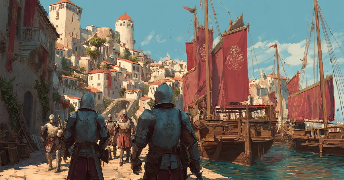 Marines in blue doublets patrol the busy stone docks of The Arbor with terraced vineyards in the background holding banners showing a burgundy grape cluster on deep blue