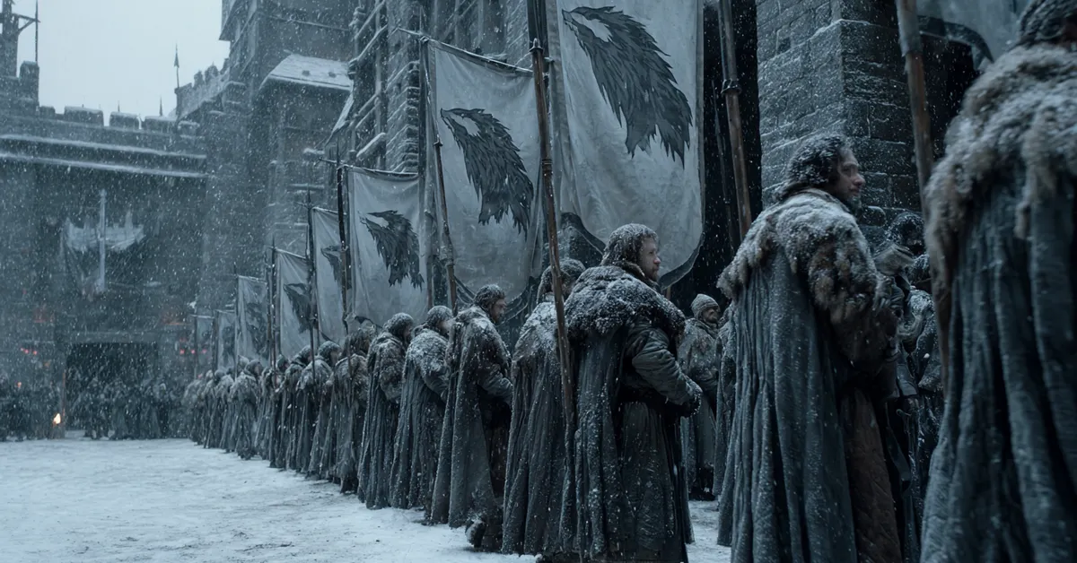 Stark soldiers clad in heavy fur and wool stand in the deep snow of the Winterfell courtyard against ancient granite walls holding banners displaying a racing grey direwolf on a white field