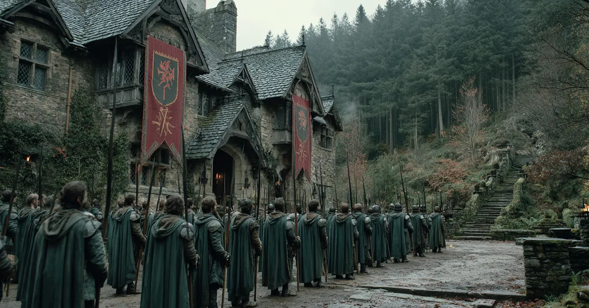 Disciplined soldiers in forest-green cloaks drill in the stone courtyard of Horn Hill holding banners displaying a striding huntsman in red on a green field