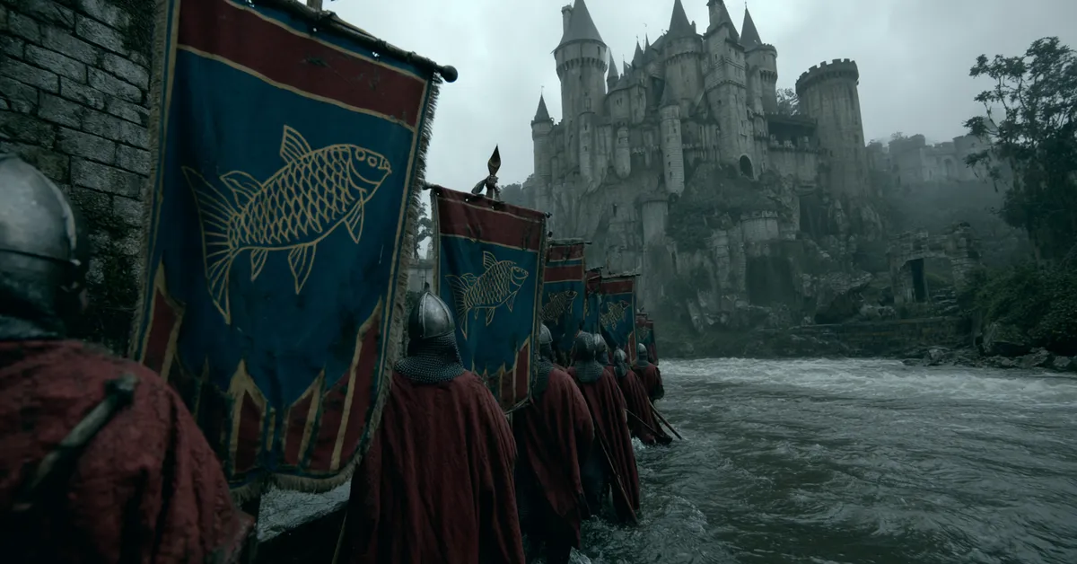 Soldiers in fish-scale armor man the wet red sandstone battlements of Riverrun overlooking the rushing Tumblestone river while holding banners showing a silver leaping trout