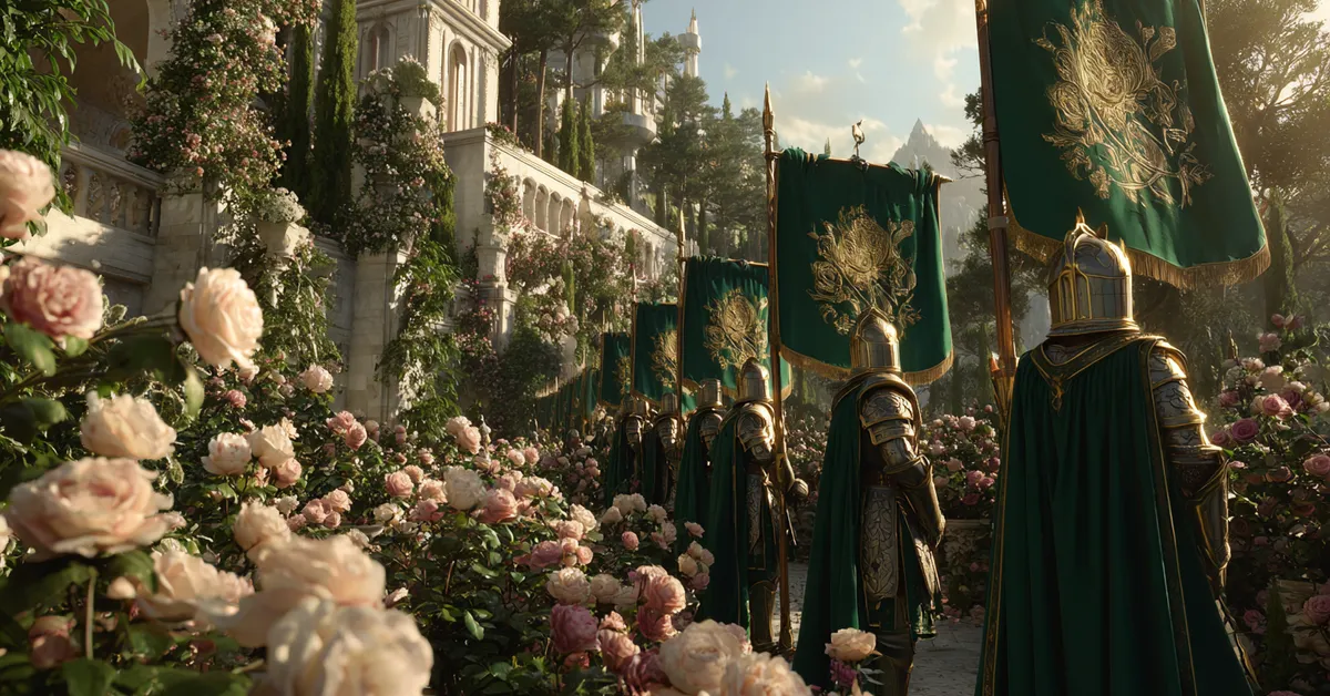 Tyrell guards in polished green-enameled plate armor stand amidst blooming rose gardens on the sun-drenched white stone terraces of Highgarden holding grand banners displaying a golden rose