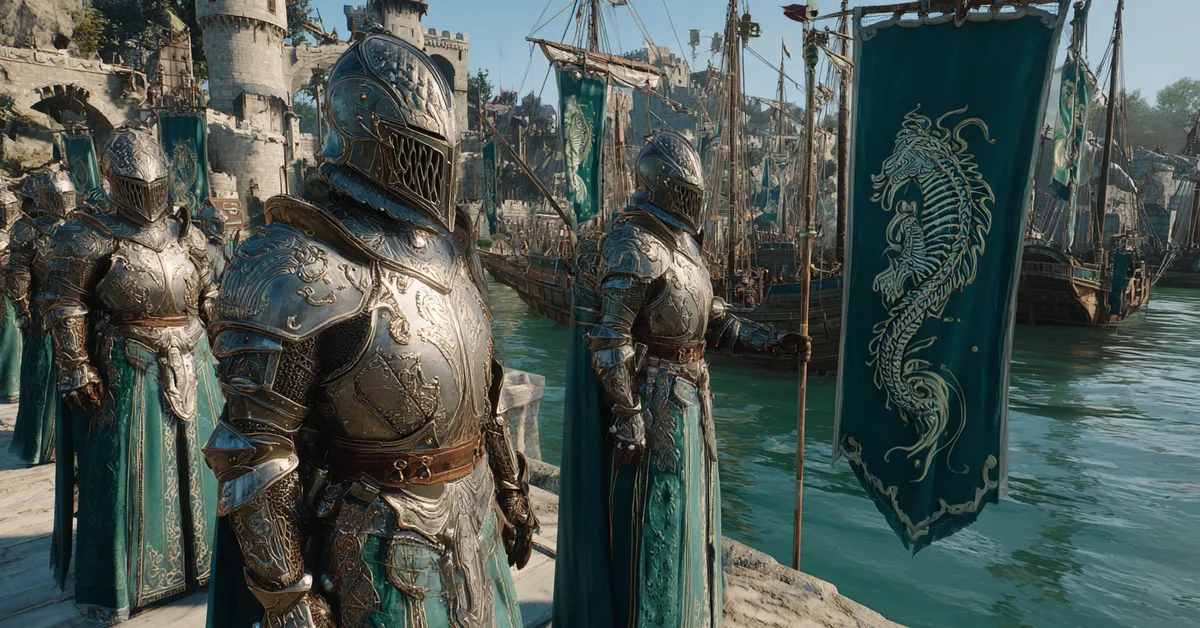 Wealthy marines in polished plate armor with seahorse motifs stand on the expansive white stone docks of High Tide castle holding banners showing a silver seahorse