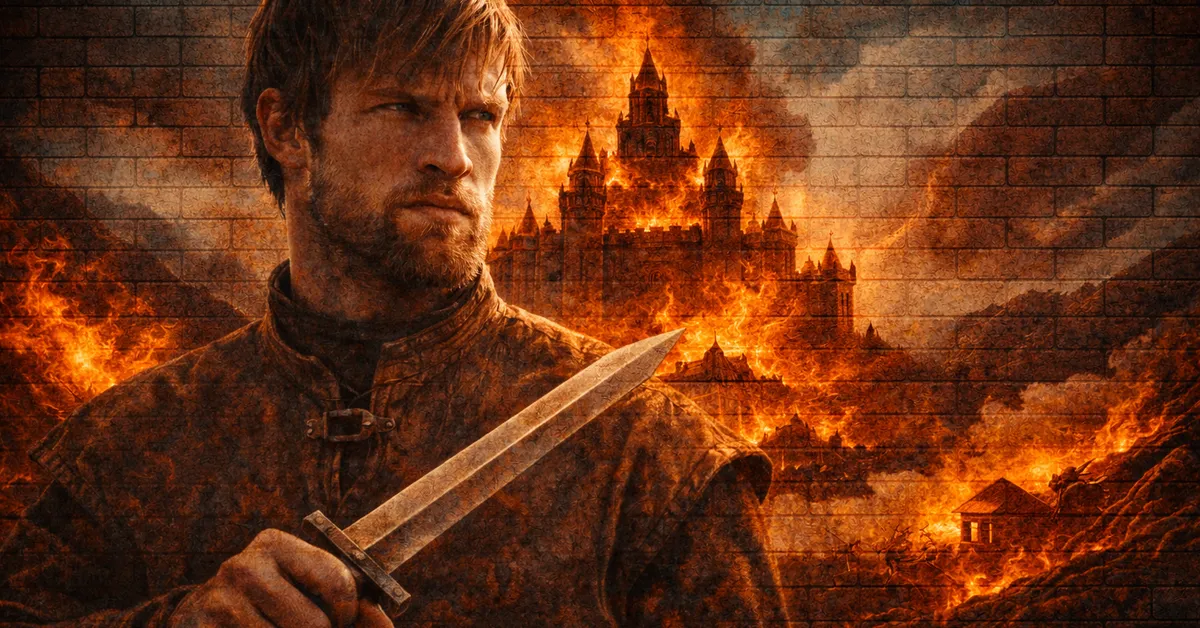 Howland Reed hold a small sword ready for battle as the war rages behind him, including a castle on fire