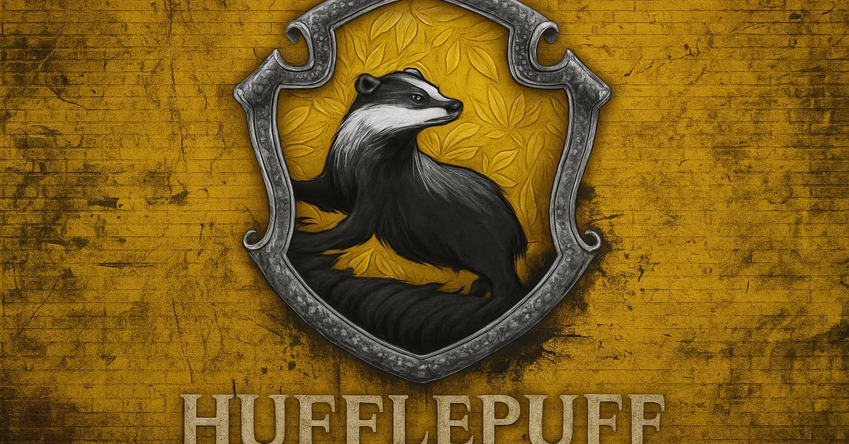 A mural of the Hufflepuff crest featuring a black and white badger inside a silver frame on a textured yellow brick wall