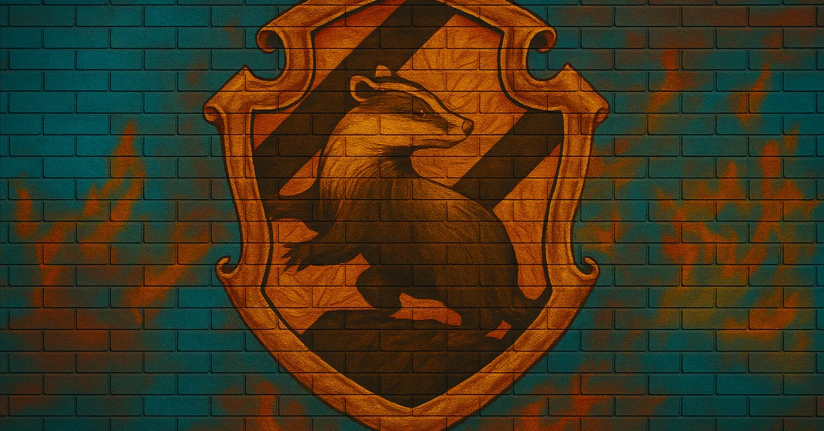 graffiti mural of the Hufflepuff Family crest displaying a badger on a yellow shield with black diagonal stripes on a brick wall