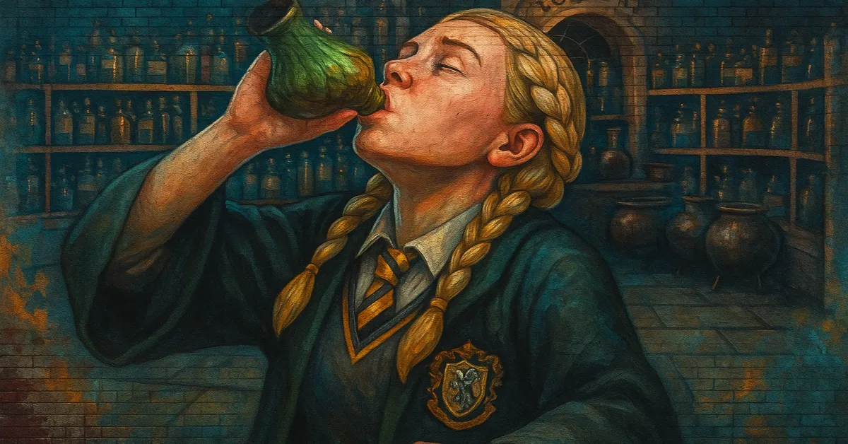 A mural of a blonde Hufflepuff student drinking from a green potion bottle inside a potion filled classroom with shelves of vials behind her