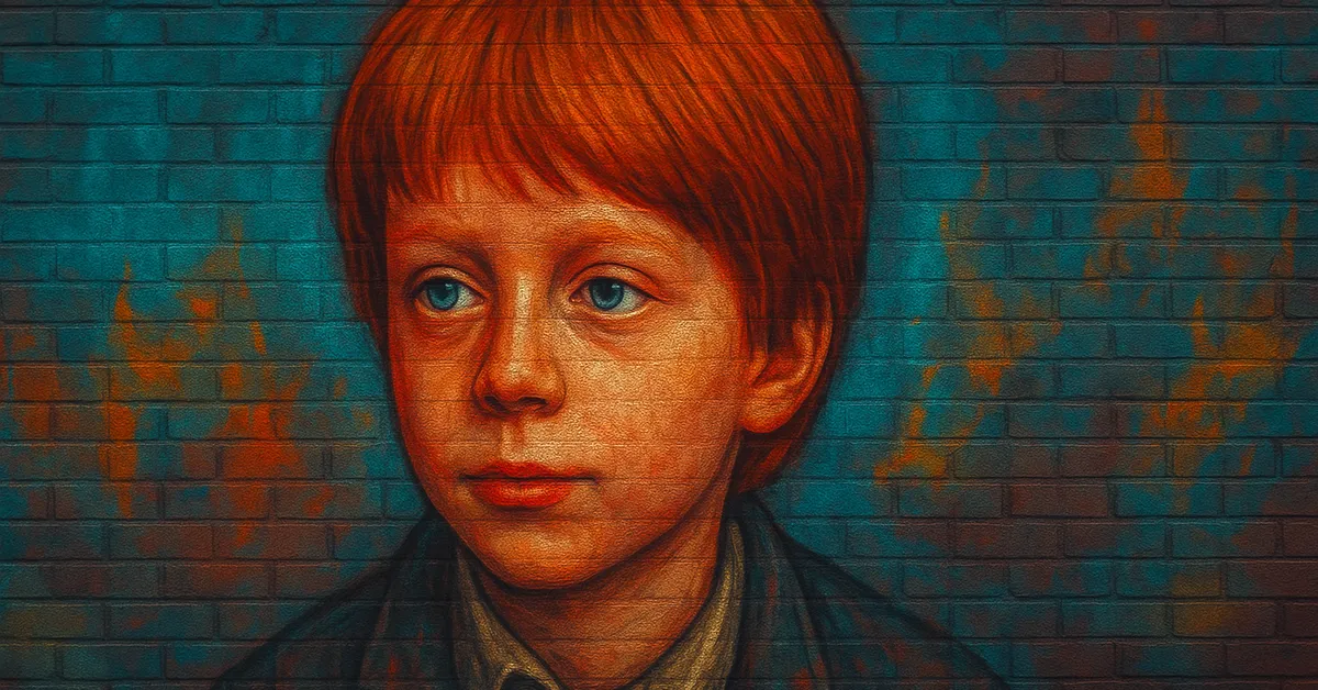 hyper-realistic mural of Hugo Weasley showing a young boy with messy red hair and large blue eyes looking solemn on a textured wall
