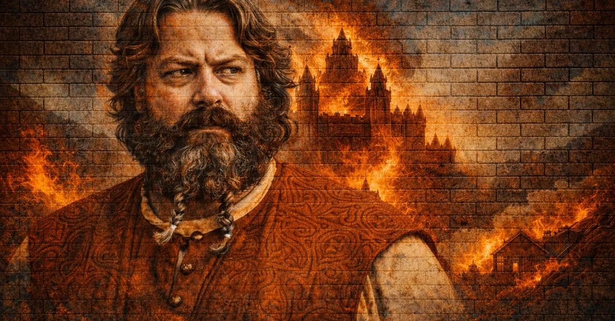 Illyrio Mopatis looks confused, his grey beard is platted and the fires burn brightly behind him of the castle he owns