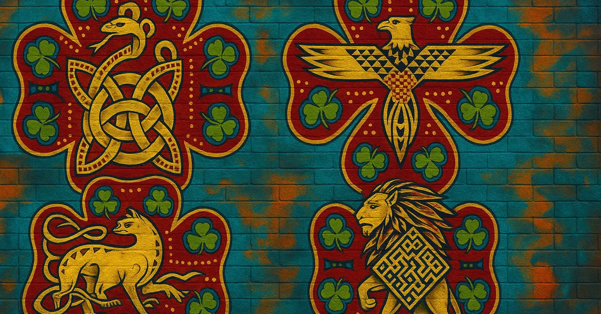 A mural of four stylized Ilvermorny house emblems including a serpent an eagle a lion and a catlike creature each framed in red and gold patterns