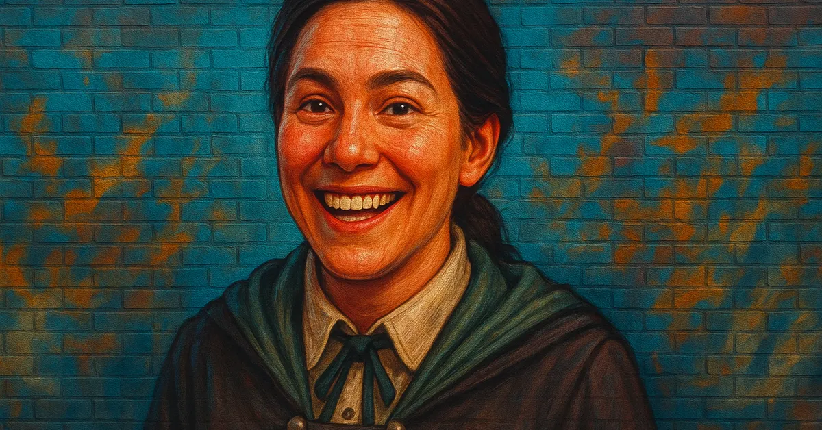 mural of Imelda Reyes, a fierce young witch in Slytherin Quidditch robes gripping a broomstick ready for a race on a textured surface