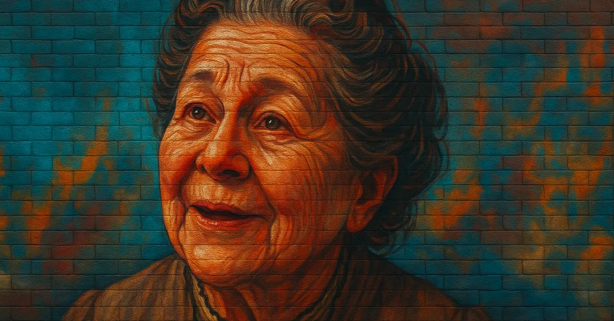 painting of Irma Dugard, a woman with distinct pointed ears and a timid expression wearing 1920s clothing on a textured wall