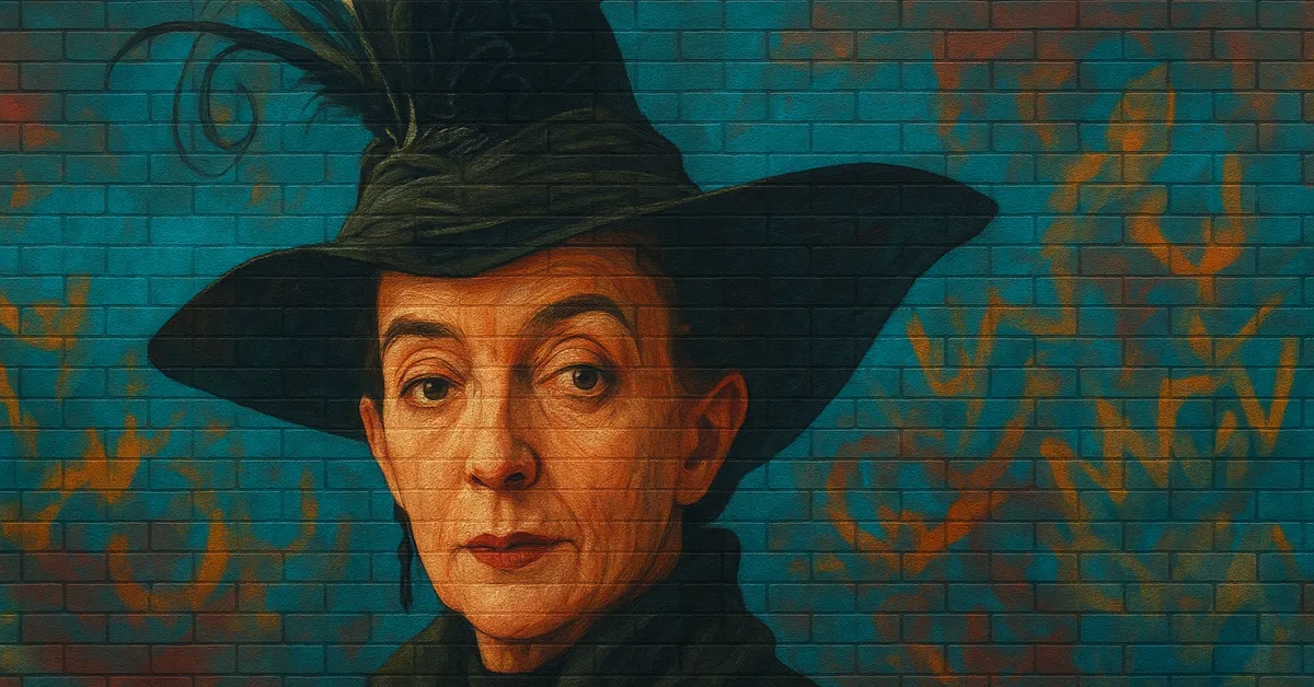 street art of Irma Pince, a stern vulture-like woman guarding a stack of books with a feather duster in a library setting