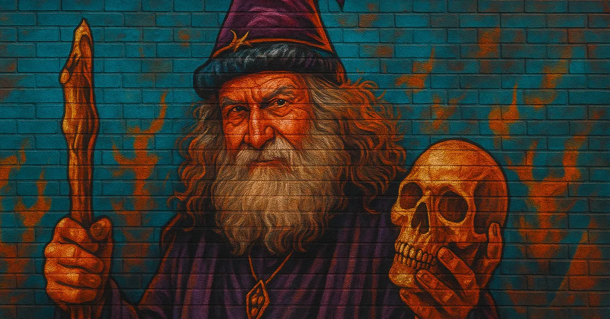 graffiti portrait of Ivor Dillonsby, a balding wizard with a disgruntled expression holding a vial of dragon blood