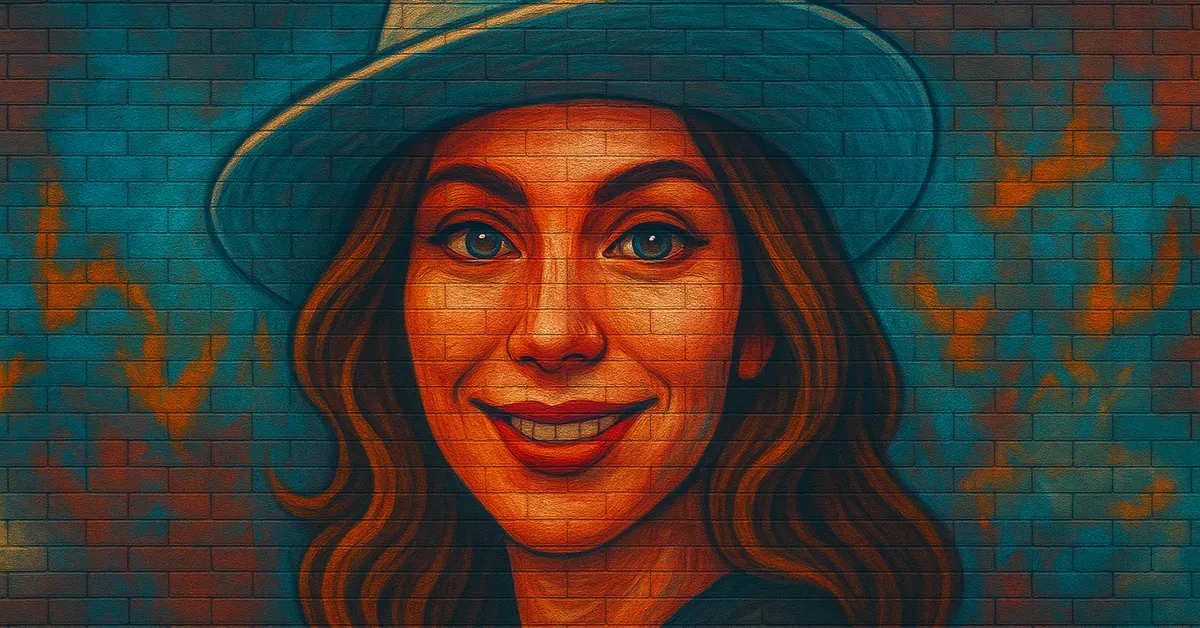 mural of Jacqueline Lejeune as a focused witch in blue Quidditch robes with windblown hair looking intensely at a goalpost