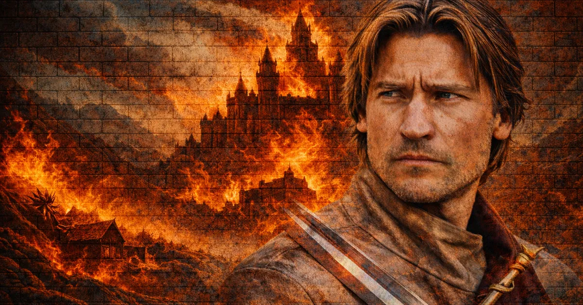 Jamie lannister, in a royal armour, looking across hos castle as it is set alight. His eyes a filled with hope