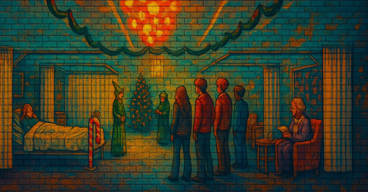 street art painting of Janus Thickey with a bewildered expression looking nervously over his shoulder at a shadowy cloak-like shape representing a Lethifold