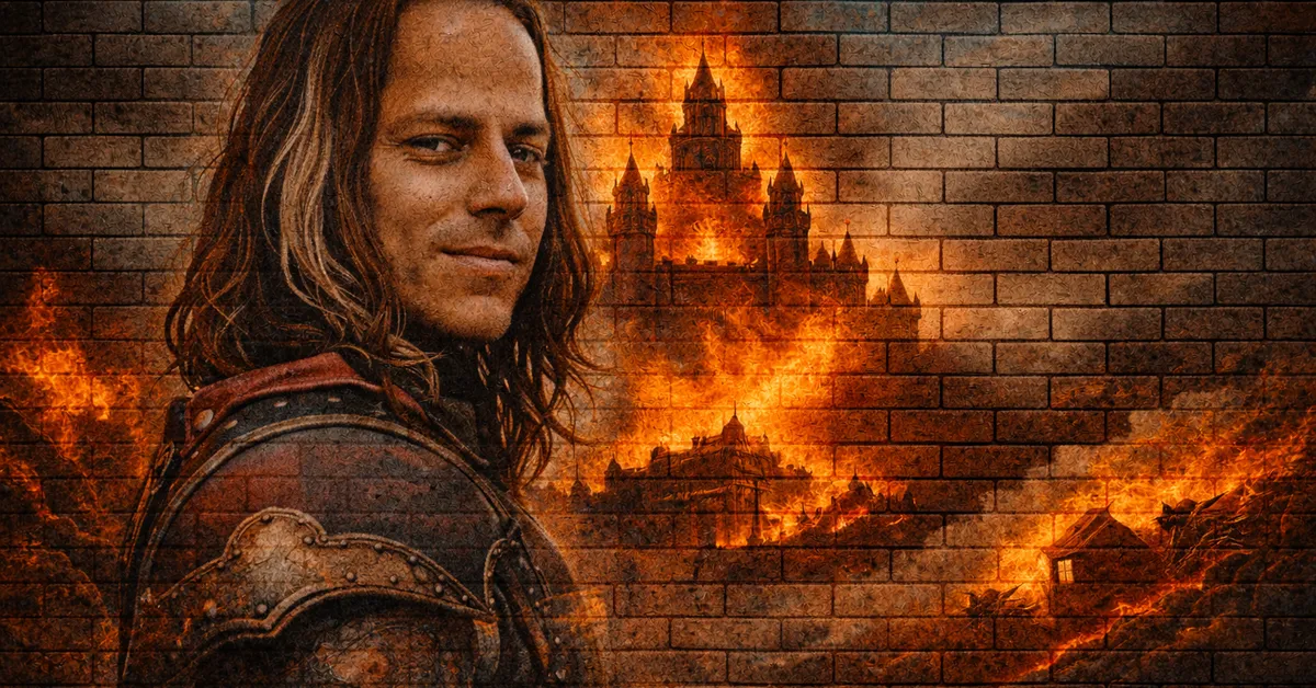 Jaqen Hghar smiles with a smirk for days as behind him destruction reigns down in the form of fire