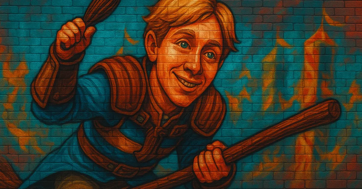 hyper-realistic mural of Jason Samuels depicting a young wizard with wind-swept hair gripping a broomstick handle with a look of concentration