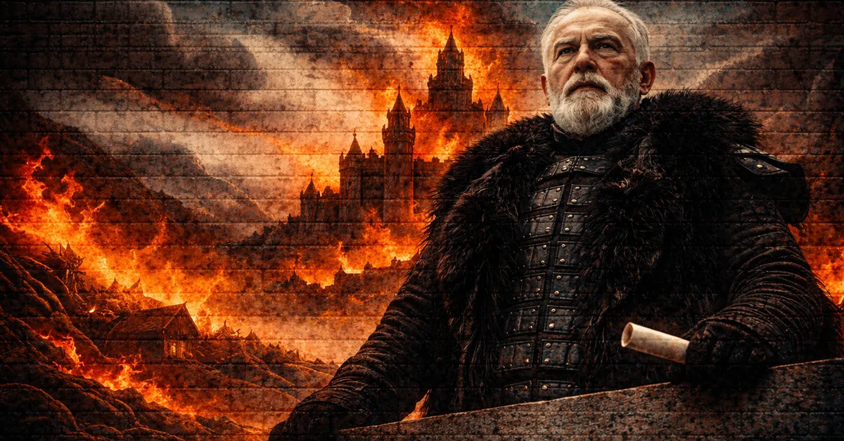 Jeor Mormont stands on his balcony, looking over his people in the snow as the great castle lights up in flames