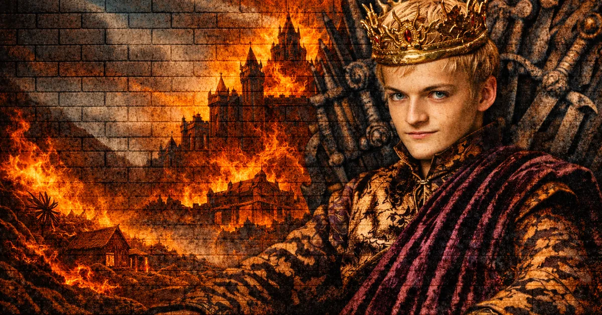 Joffery Baratheon looking smug on the Iron thron as the kingdom burns behind him