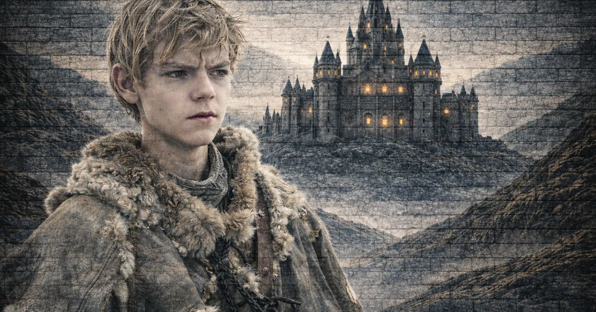 Jojen Reed wears warm clothing, looking focused as he walks away from his home and castle