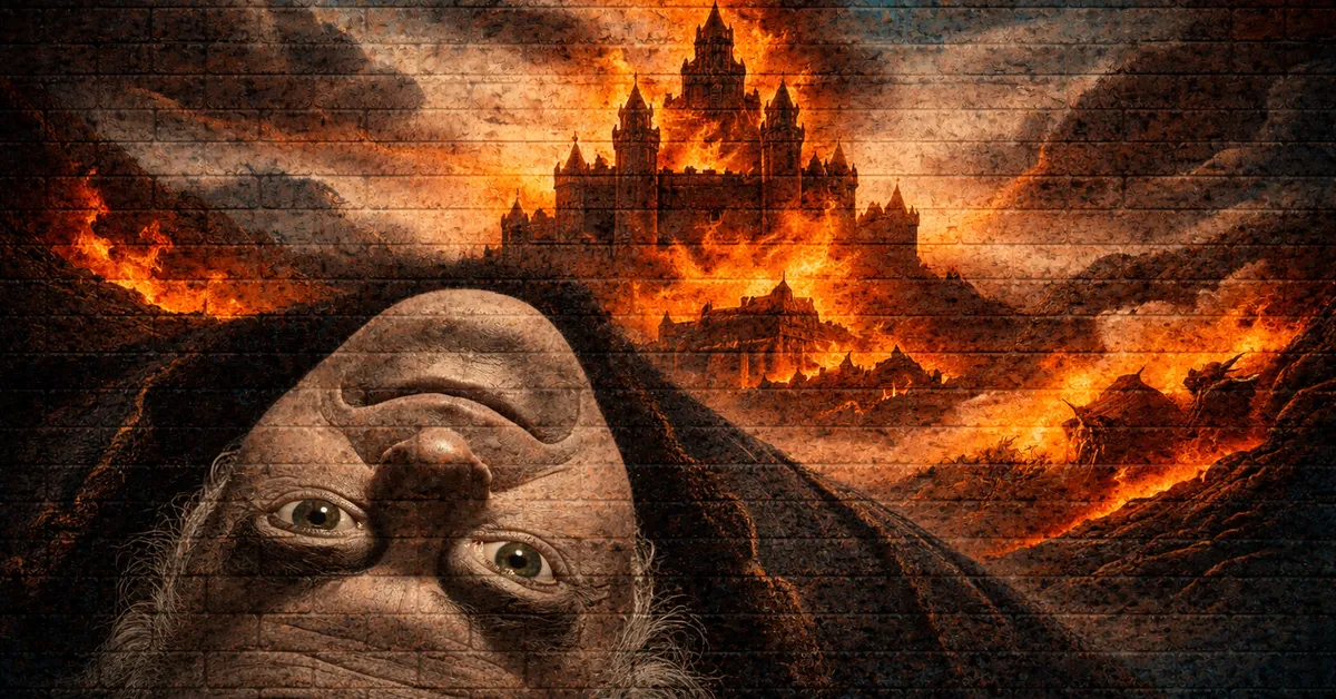 Jon Arryn lies with rocks over his eyes waiting to be burried, flames rage in the background of a castle burning