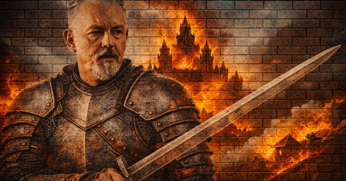 Jon Connington stands with sword ready to fight the coming army of men ready todestroy his castle. The castle in the background is already on fire.