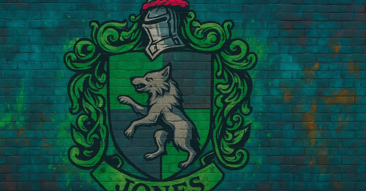 mural of the Jones Family crest featuring a silver shield with a black chevron and three stars surmounted by a knight's helmet on a brick surface