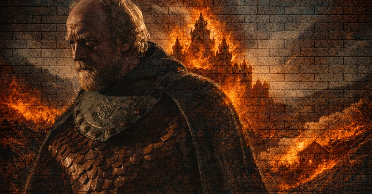 Jonos Bracken raises his sword ready to fight the final battle as behind him the castle he plundered burns to the ground and becomes ashes and dust