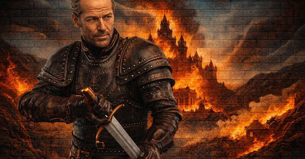 Jorah Mormont readies his sword for battle, his age does not slow him down as flames engulf him
