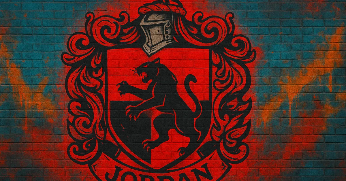 street art of the Jordan Family crest displaying a vibrant shield adorned with a large stylized tarantula referencing Lee Jordan's famous pet