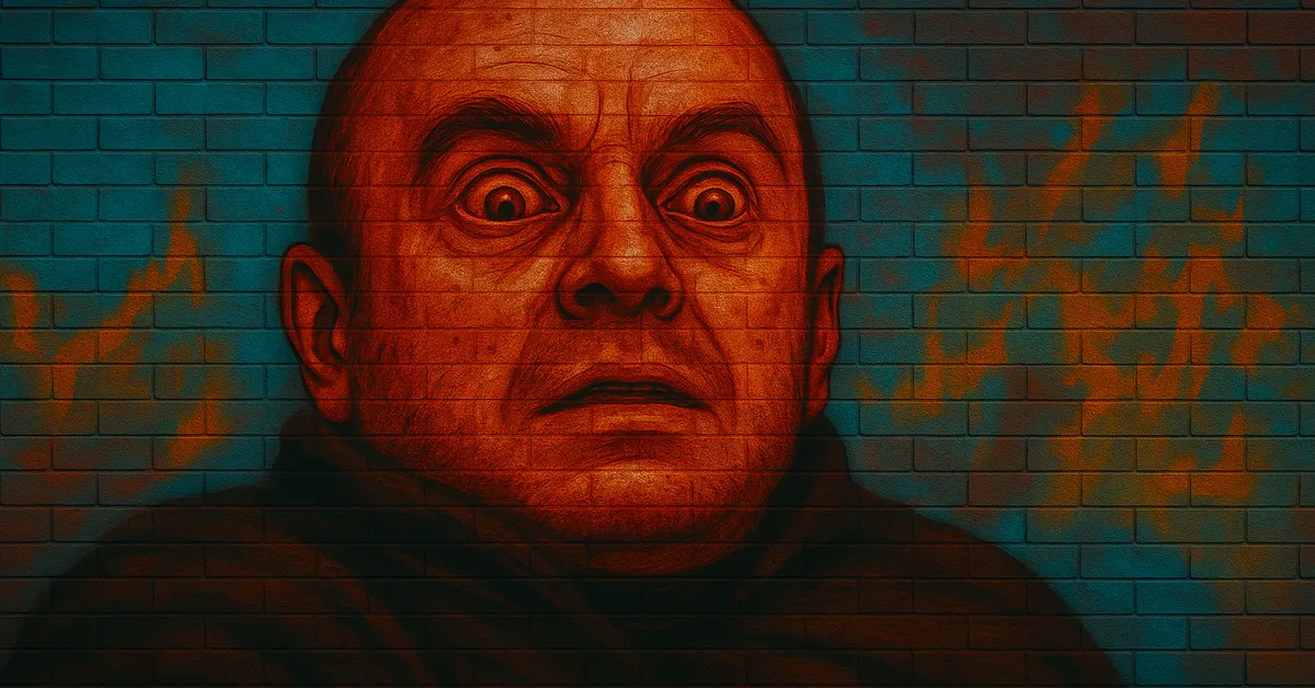 hyper-realistic street art of Jugson, a bald man with wide terrified eyes and a shocked expression wearing dark robes on a brick wall