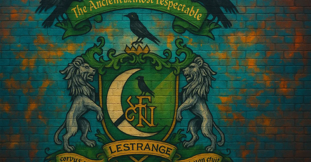 graffiti mural of the Kama Family crest featuring a black raven on a green shield supported by two lions under a banner reading The Ancient and Most Respectable