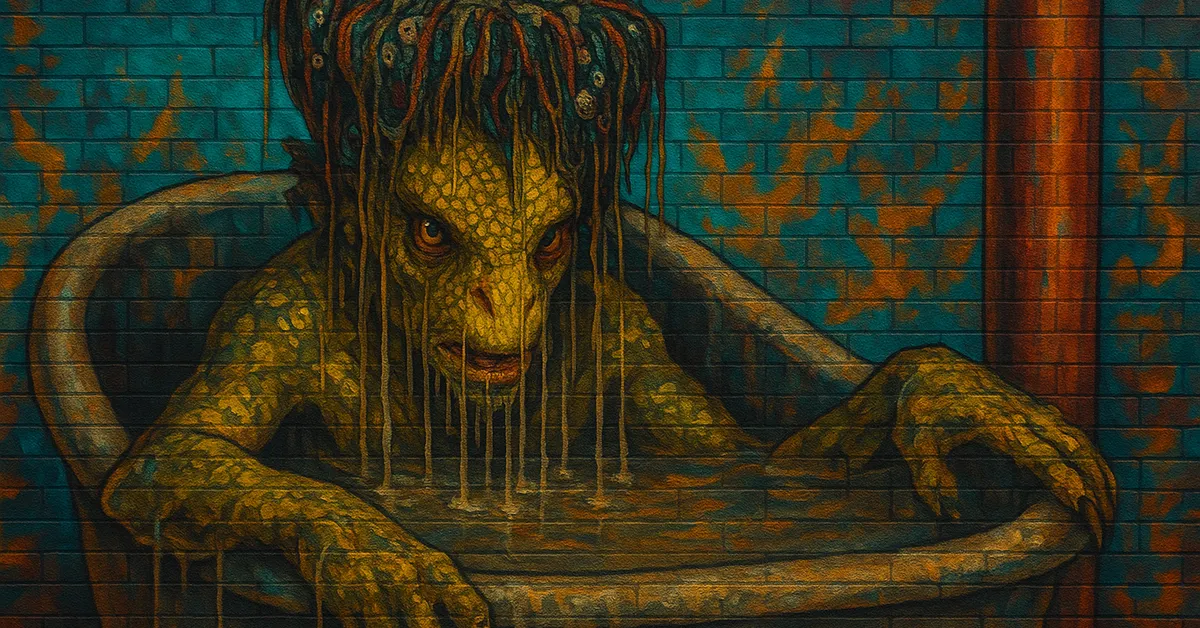 street art of a Kappa The Water Demon depicting a scaly green creature with stringy hair and webbed hands peering menacingly over the edge of a basin