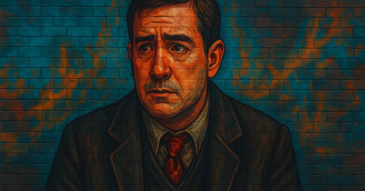 graffiti portrait of Karl Jenkins featuring a man with short dark hair and a concerned expression wearing a suit and red tie