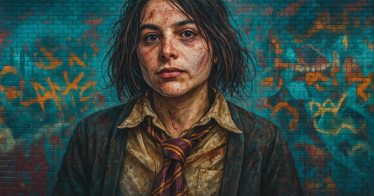 painting of Katie Bell looking disheveled with dirt on her face and messy hair wearing a Gryffindor tie depicting her resilience