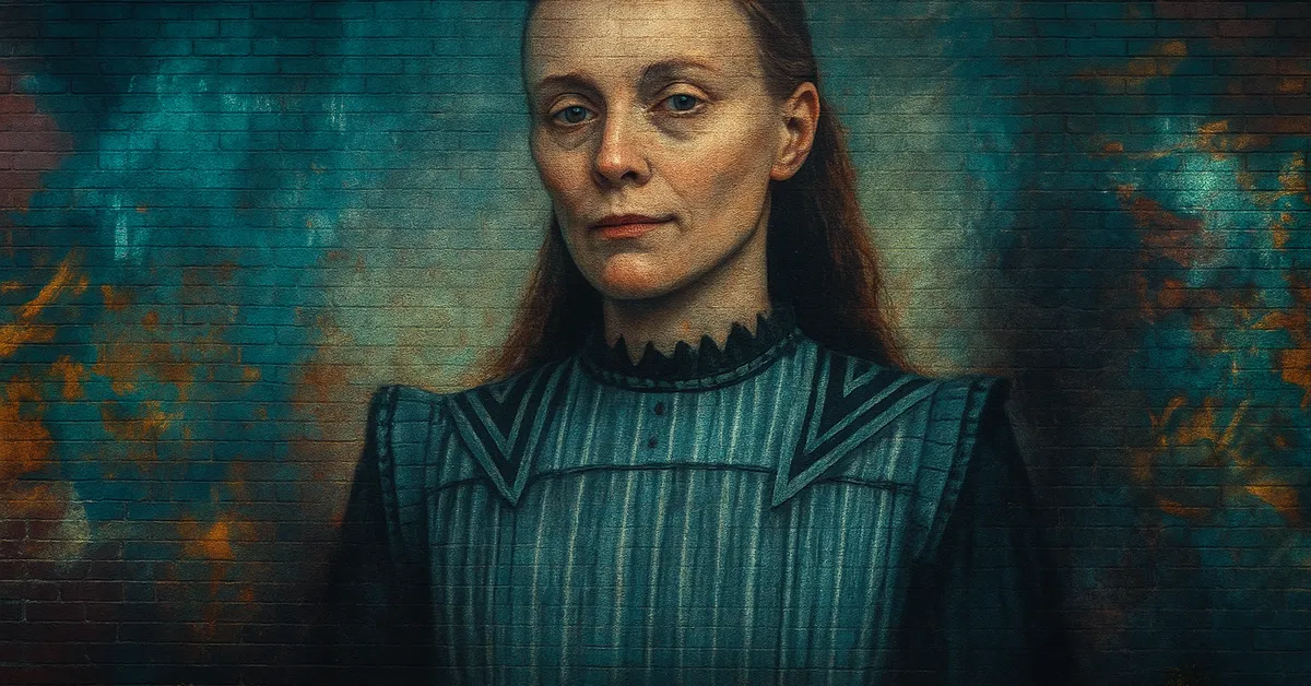 mural of Kendra Dumbledore as a severe-looking woman with high cheekbones and pulled-back hair wearing a high-collared blue dress