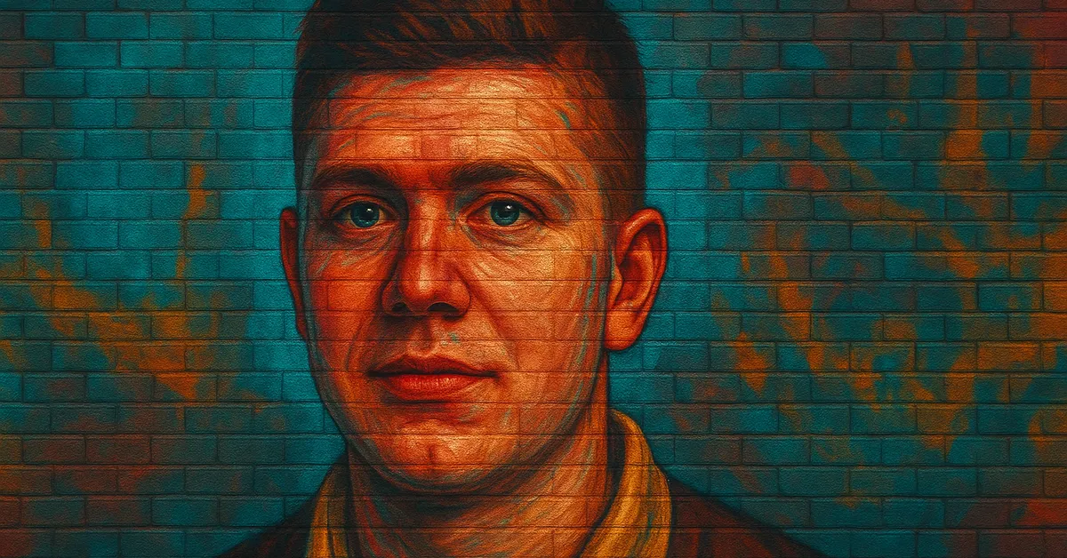 street art portrait of Kenneth Towler depicting a young man with short brown hair and a slight smirk wearing a yellow shirt and cardigan