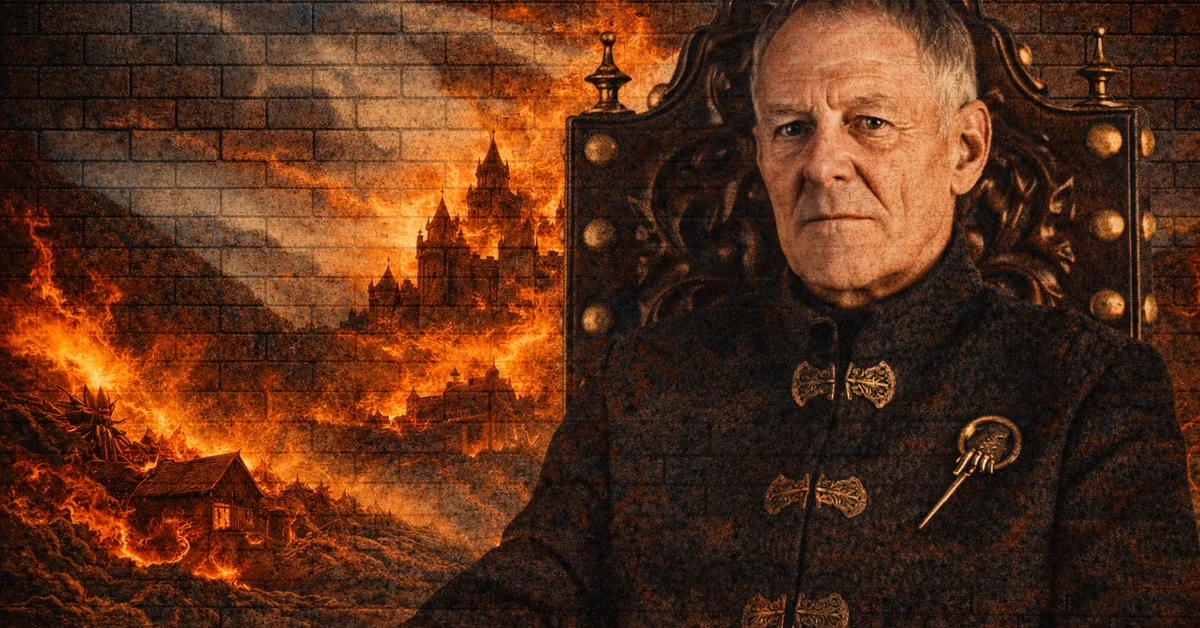 Kevan Lannister, sitting at his chair, at a table looking to contribute as the castle goes up in firce and wild flames behind him