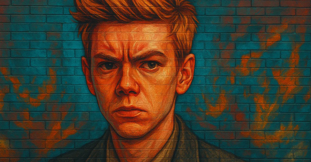 hyper-realistic painting of Kevin Whitby as a young boy with spiky ginger hair and a scowling intense expression wearing a jacket