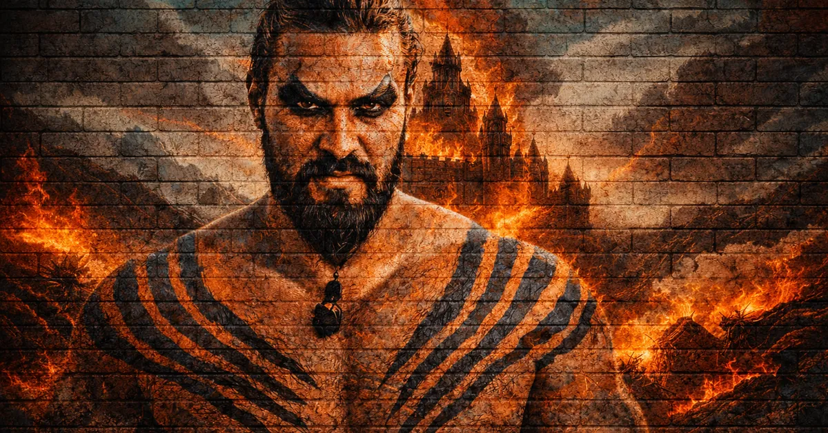 Khal Drogo is shitless, chest pumped, tattoos shoing as behind him le leaves another kingdom conquered