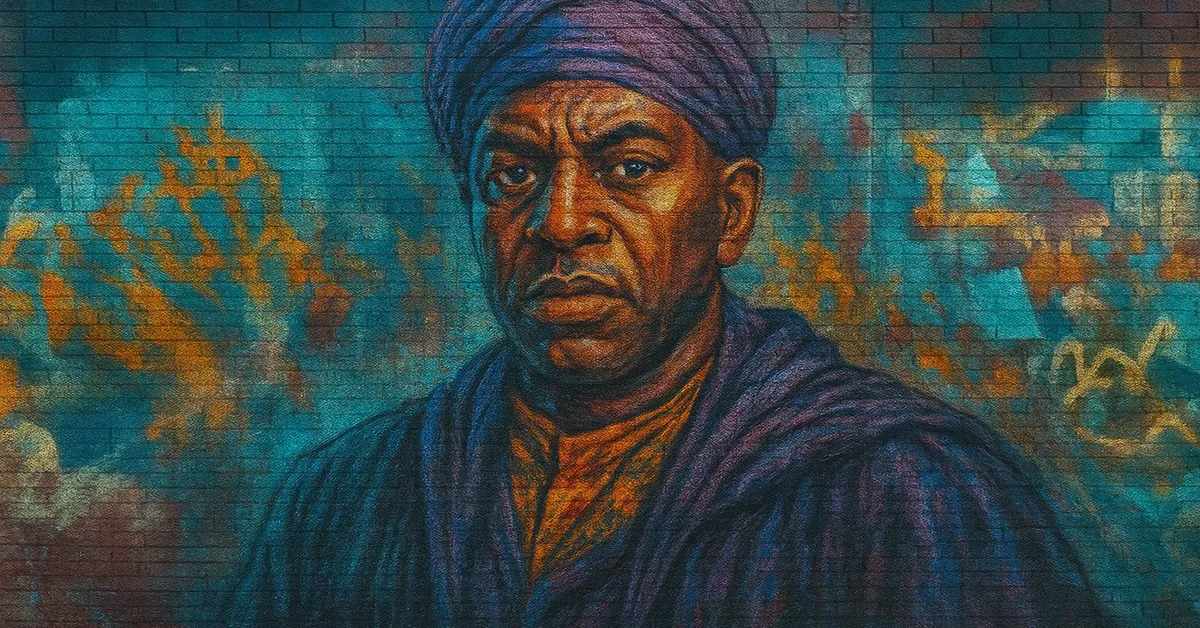 street art portrait of Kingsley Shacklebolt featuring a powerful Black wizard wearing a purple cap and robes with a calm authoritative gaze