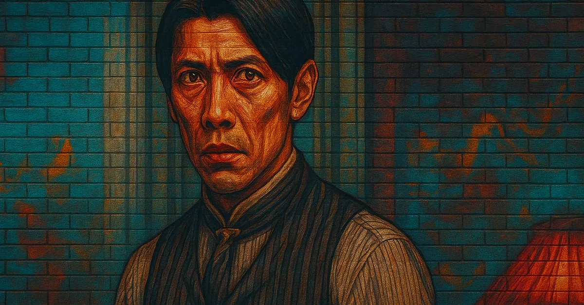 street art portrait of Krall, a wizard with sharp cheekbones and dark hair wearing a pinstripe vest and looking menacing