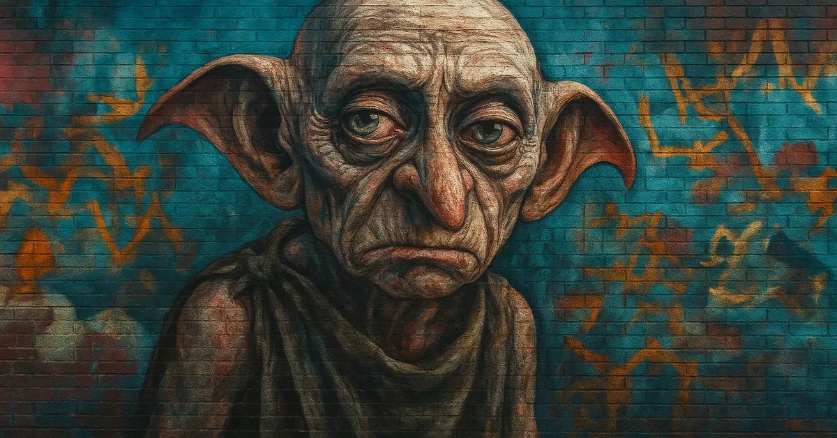 hyper-realistic mural of Kreacher The House-Elf showing an elderly elf with a long nose and deep wrinkles wearing a dirty rag and scowling