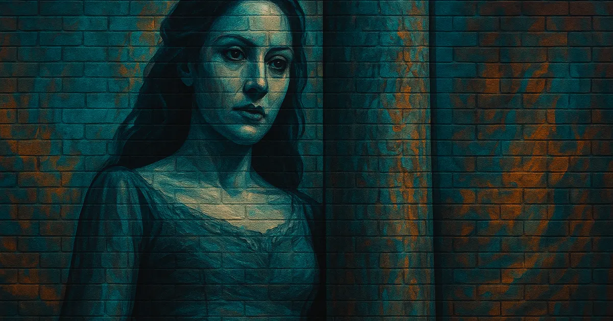 graffiti mural of Lady Grieve, a somber woman with dark wavy hair wearing an elegant teal gown standing by a stone column